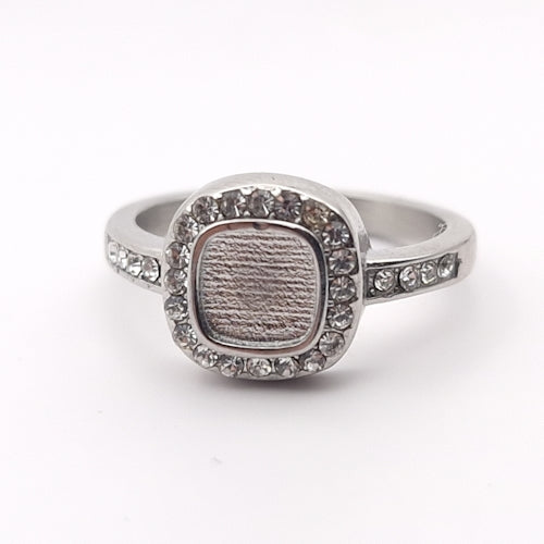 Stainless Steel Keepsake Square Cushion Cubic Zirconia Halo Ring