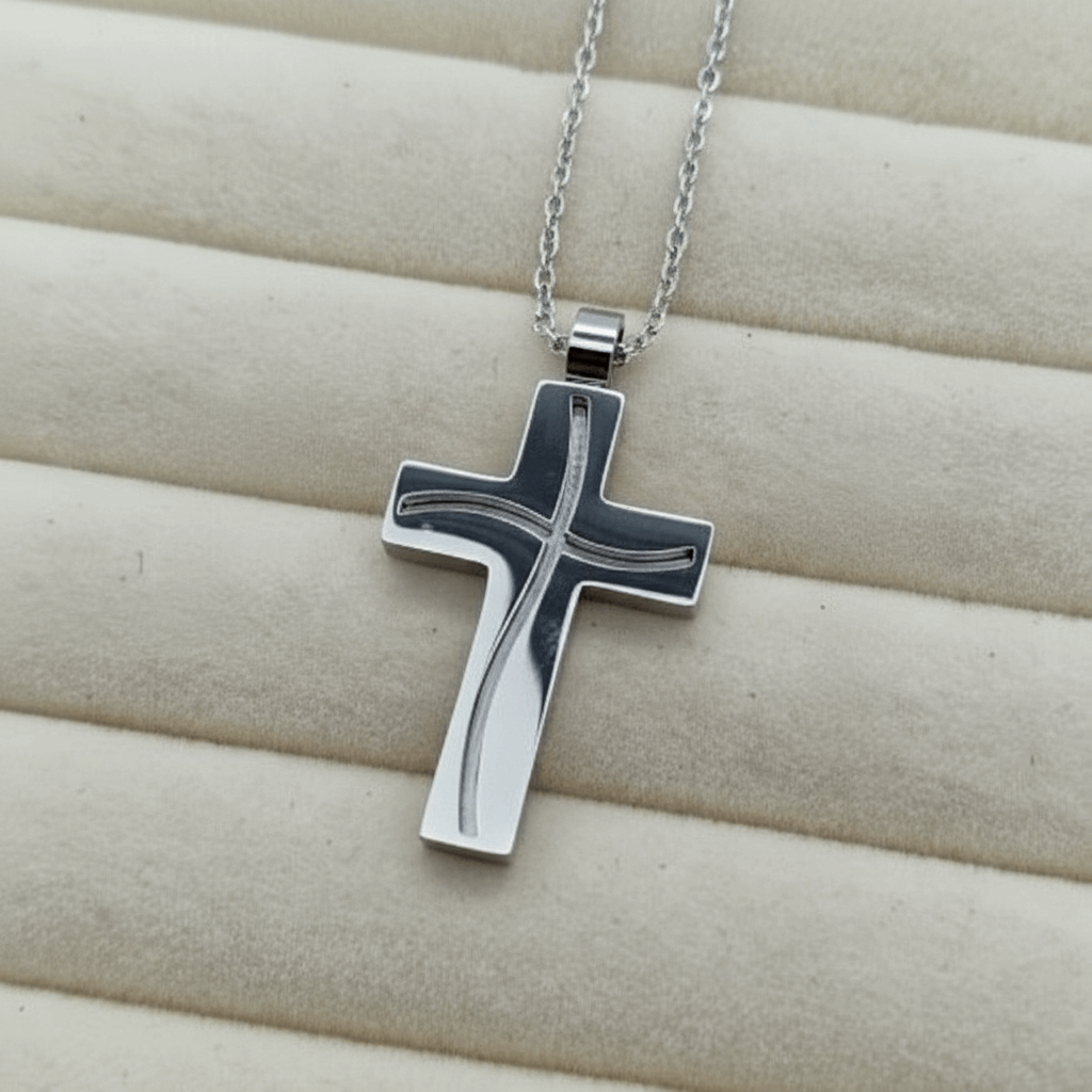 Stainless Steel Keepsake Embossed Channel Cross Pendant