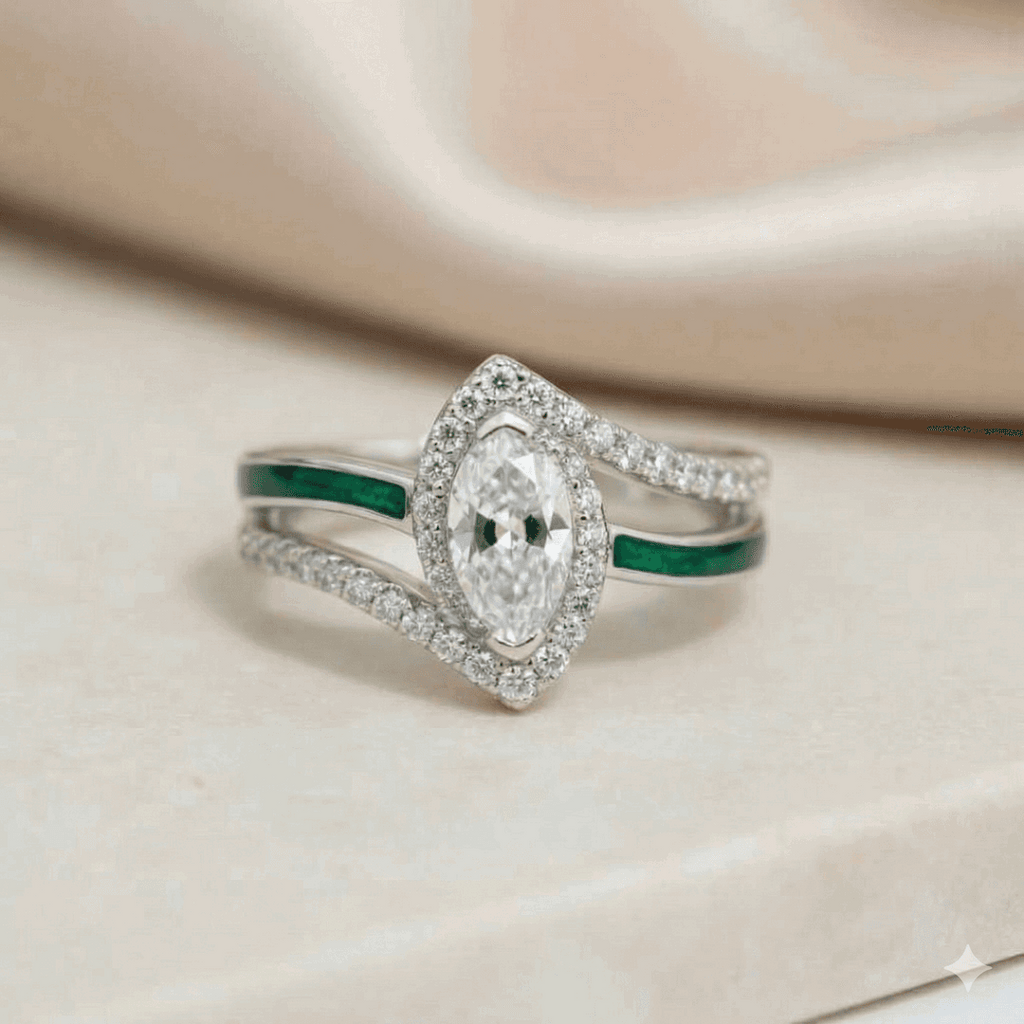 Marquise Diamond Halo Double Band Ring