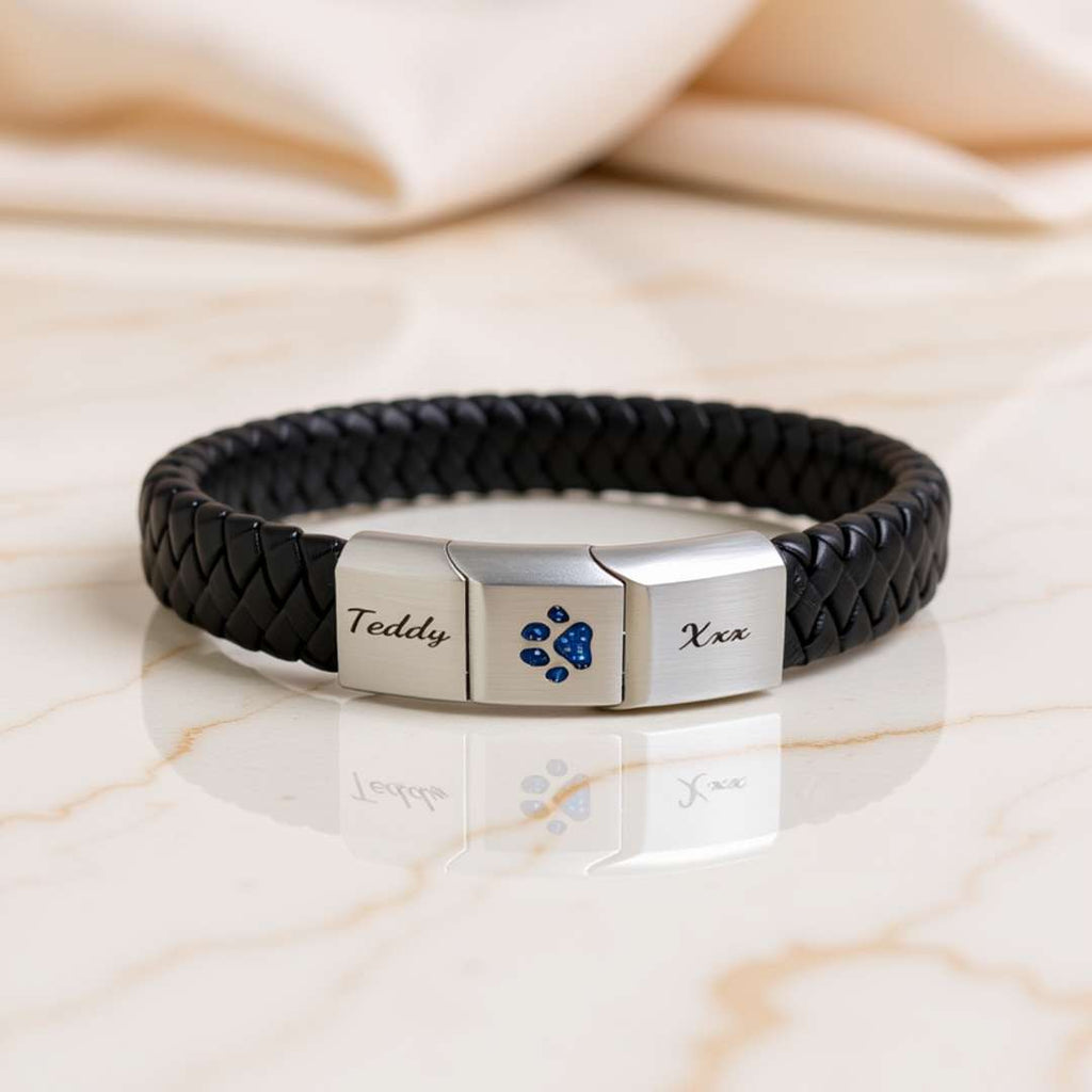 Stainless Steel Pawprint Threaded Leather Keepsake Bracelet