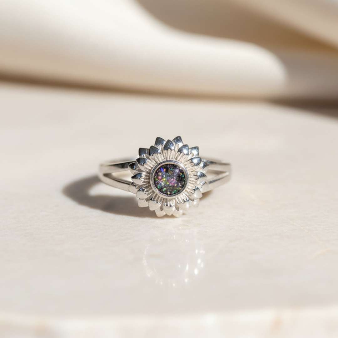 Sunflower Split Band Keepsake Ring Silver