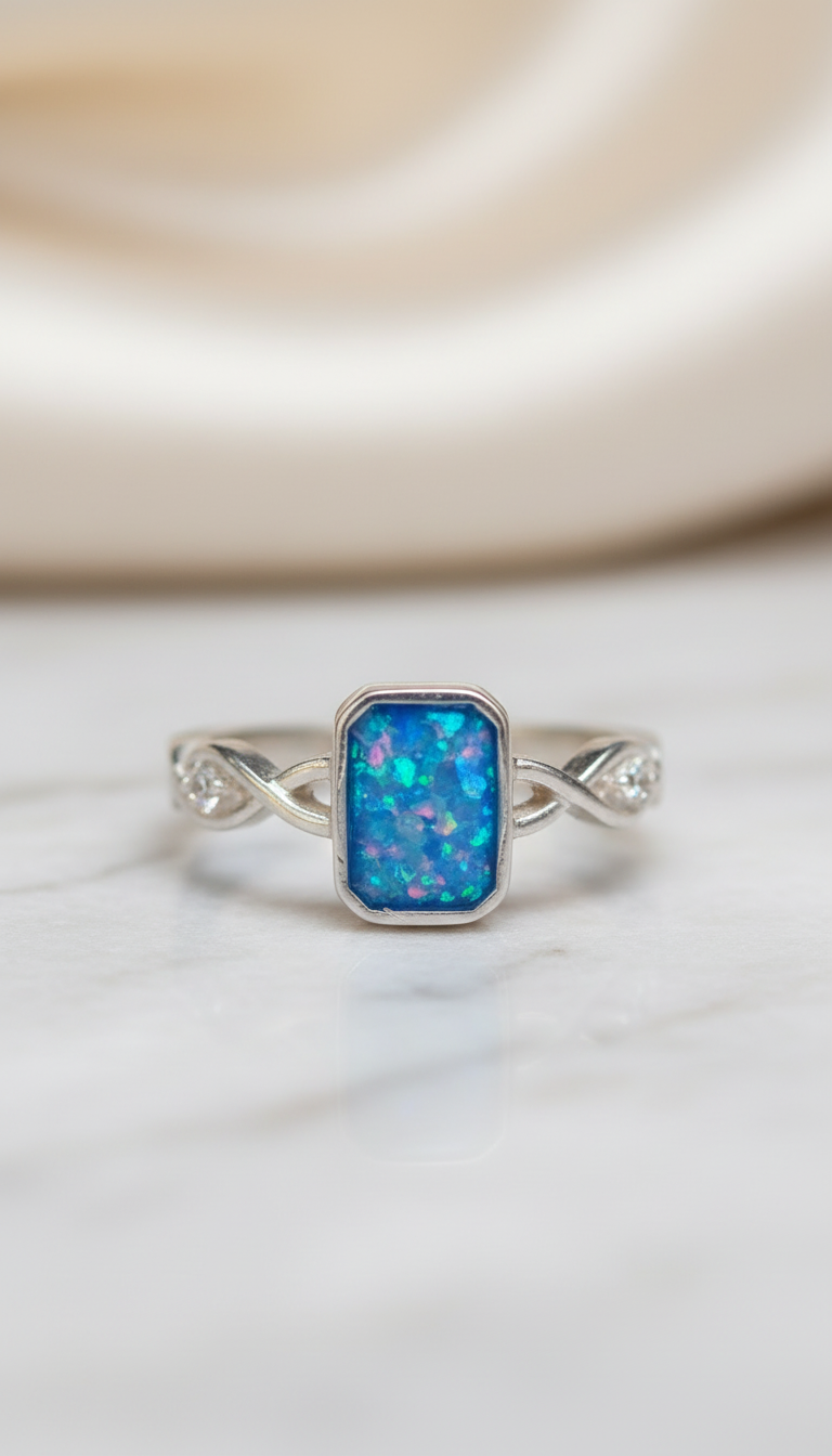 Emerald shape Twist Band Cubic Zirconia Accent Ring