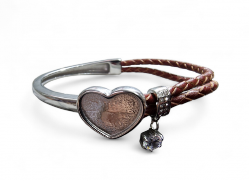 Stainless Steel Heart Diamond Charm Threaded Leather Bangle