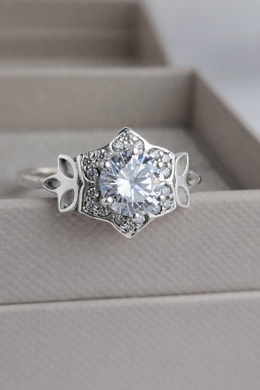 Vintage Solitaire Floral Cubic Zirconia Halo Ring