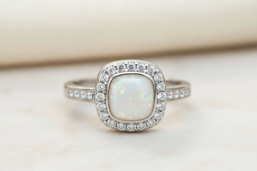 Stainless Steel Keepsake Square Cushion Cubic Zirconia Halo Ring