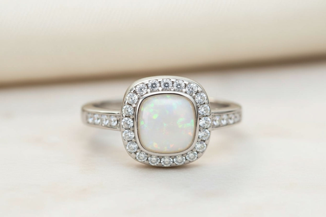 Stainless Steel Keepsake Square Cushion Cubic Zirconia Halo Ring