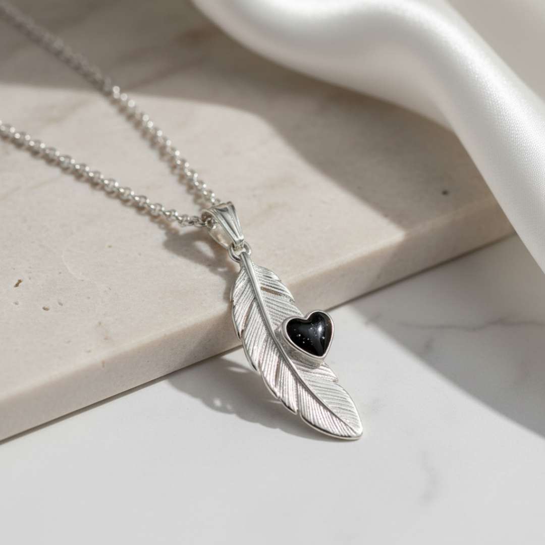 Stainless Steel Feather with Heart Keepsake Pendant
