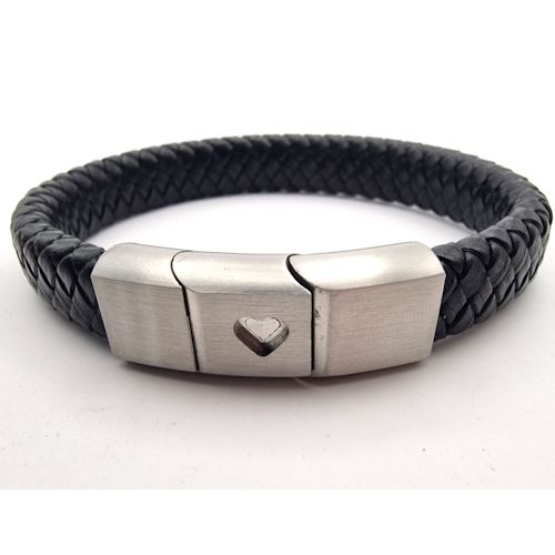 Stainless Steel Heart Threaded Real Leather Keepsake Bracelet