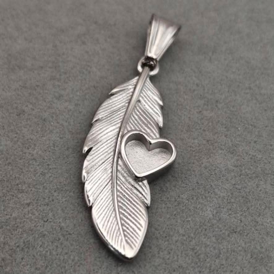 Stainless Steel Feather with Heart Keepsake Pendant