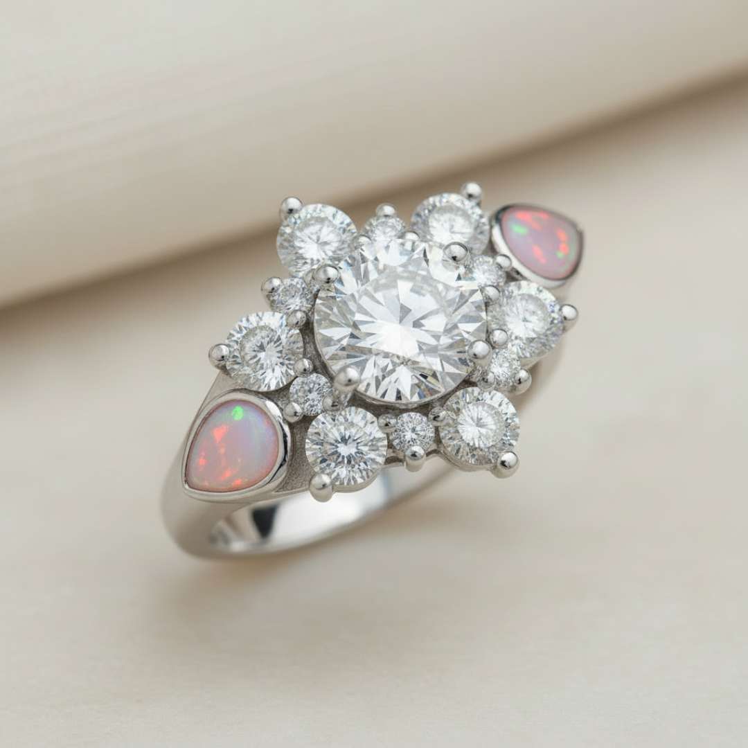 Artistic Floral Cubic Zirconia Ring with Solitaire Centre