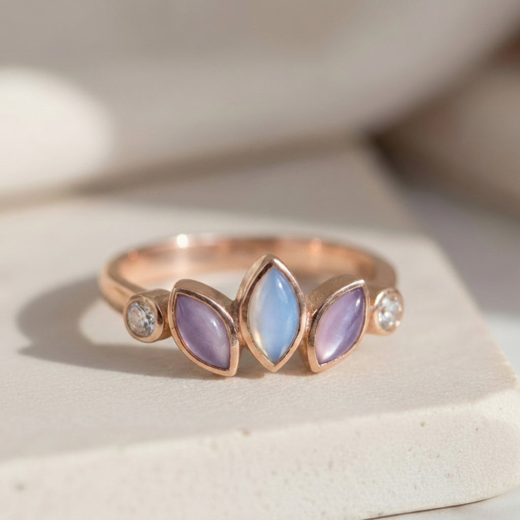 Custom for Carla - 9k solid rose gold triple petal ring with cubic zirconia accents