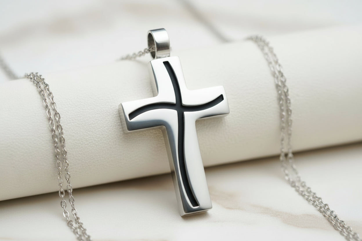 Stainless Steel Keepsake Embossed Channel Cross Pendant