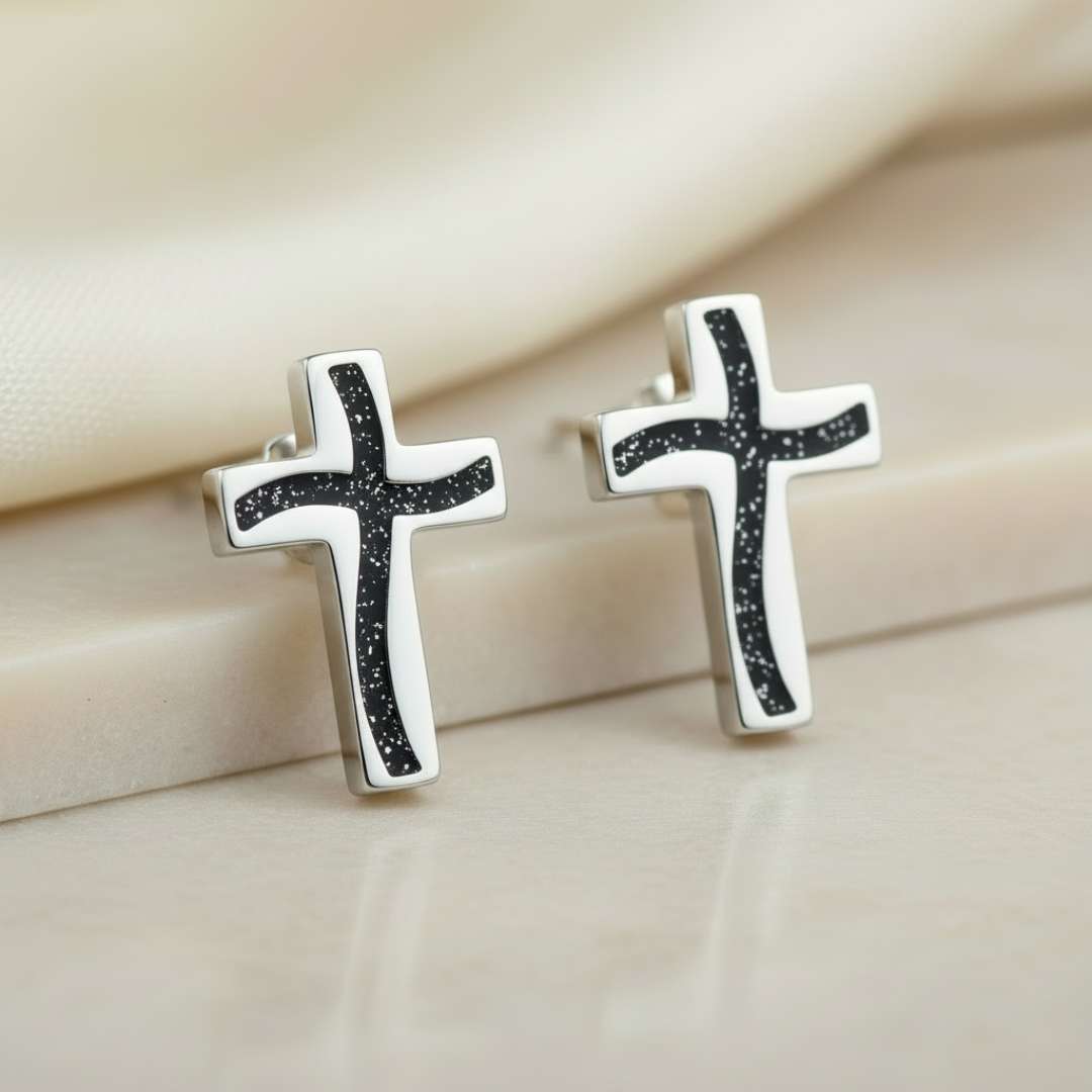 Embossed Cross Stainless Steel Keepsake Stud Earrings