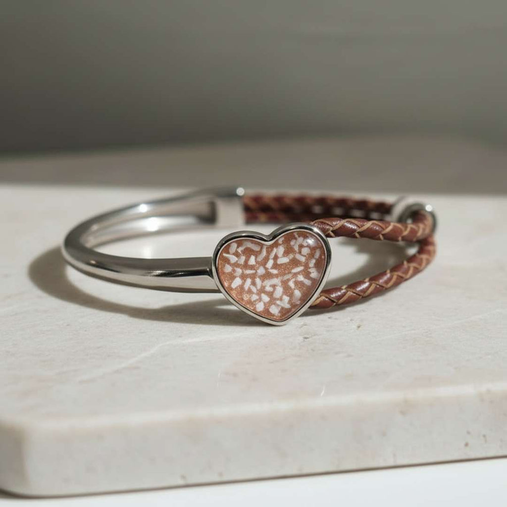 Stainless Steel Heart Diamond Charm Threaded Leather Bangle