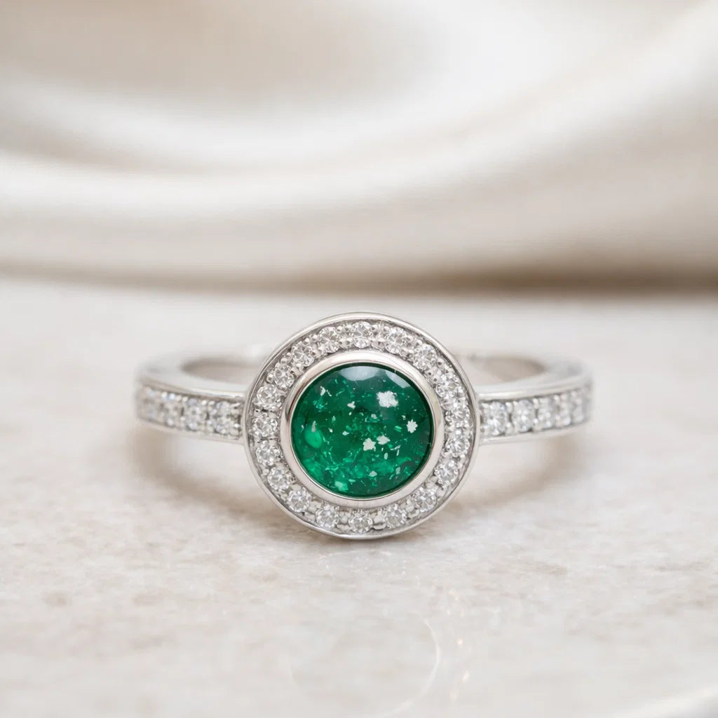 Round Cubic Zirconia Halo Half Shoulder Keepsake Ring