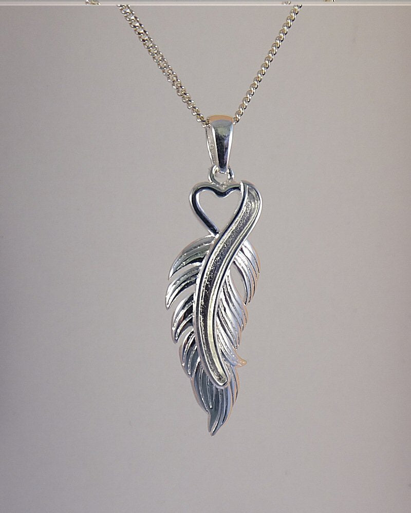 Silver Feather Heart Quill Keepsake Pendant